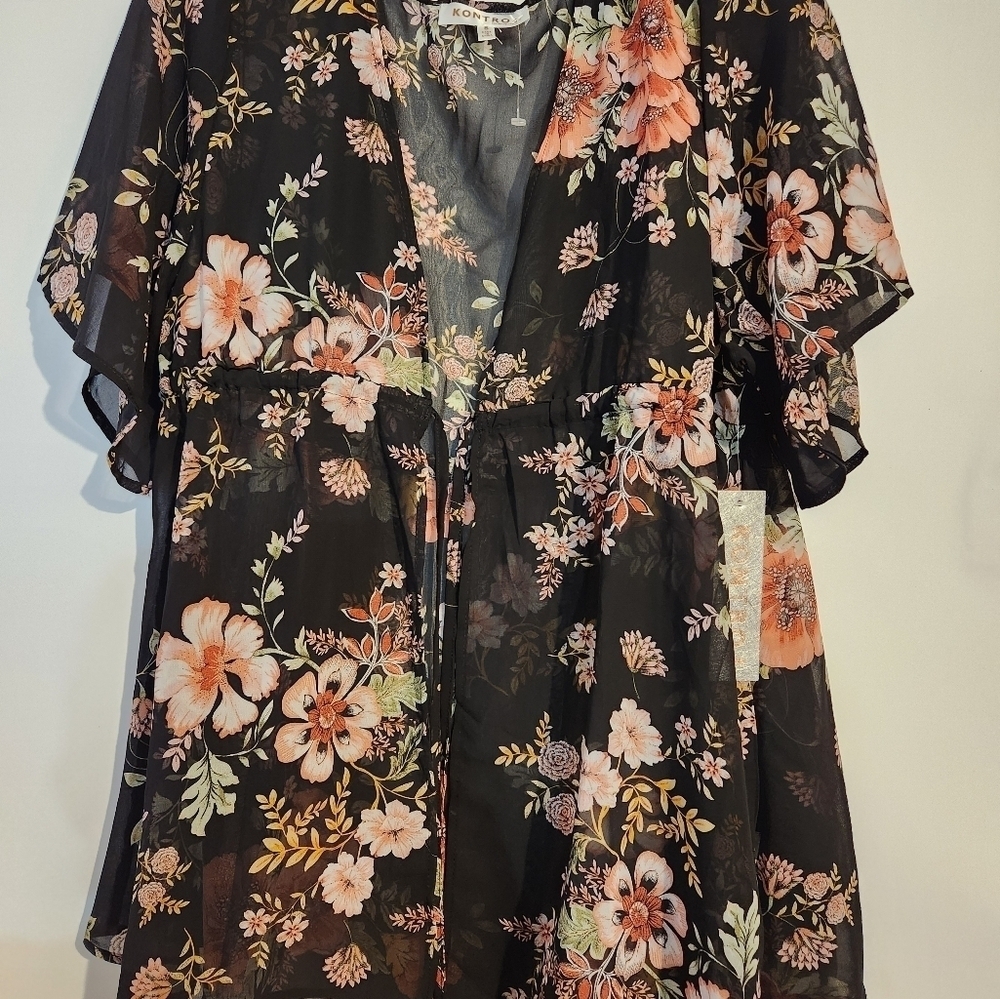 KontroL Contemporary Kimono Cover-up Black Peach Floral S Elastic Tie Waist Dark - Picture 2 of 7
